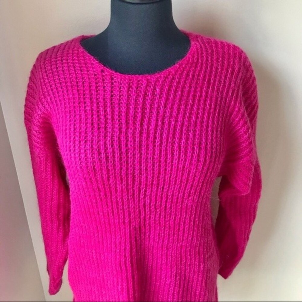 CHAUS Wool Sweater Hot Pink Chunky Knit Longline 3/4 Sleeve Barbie